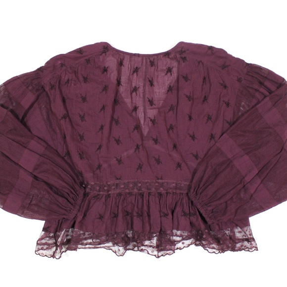 Free People Sheer Embroidered Lace V Neck Crop Top - Picture 6 of 6